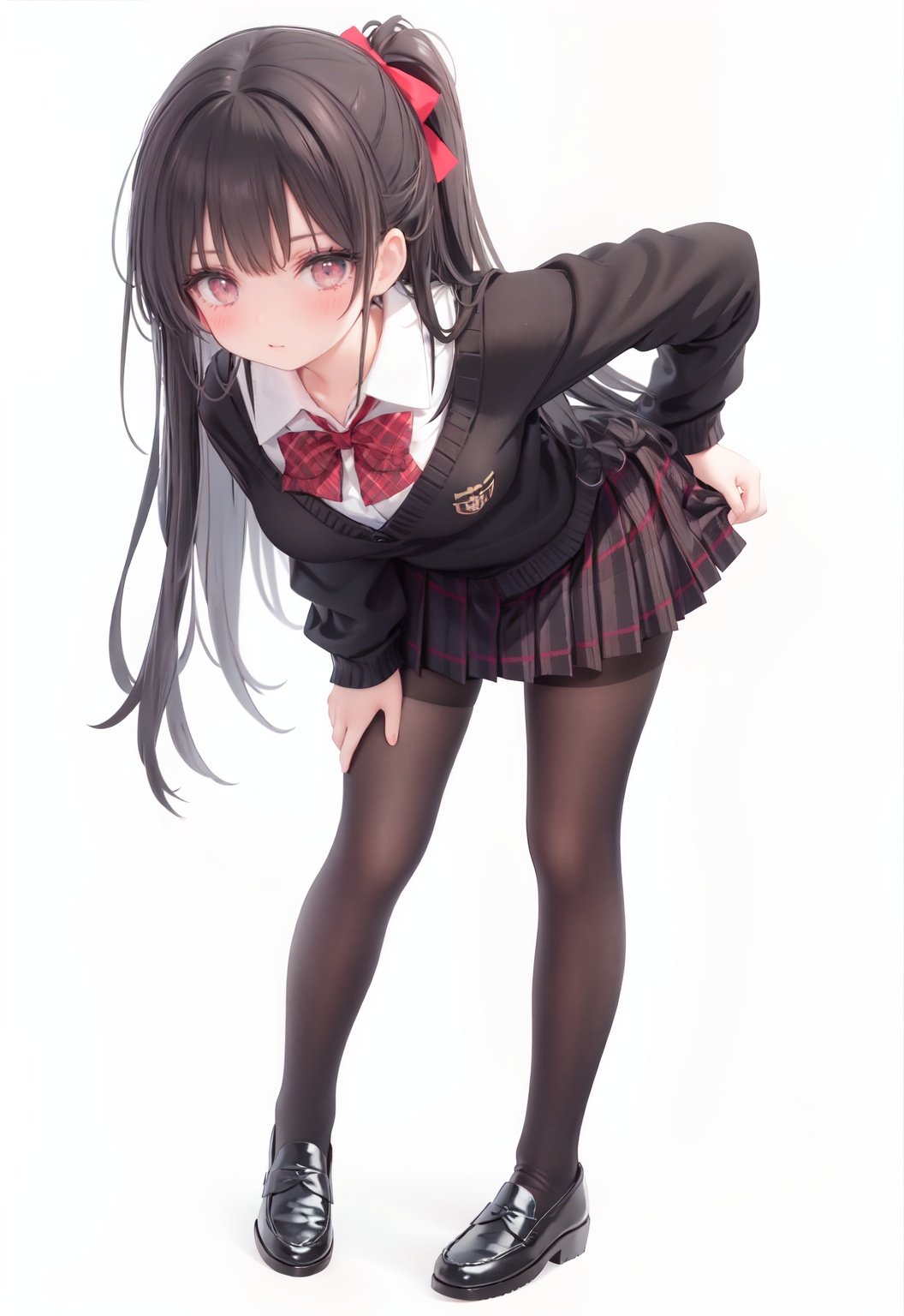  1girl, solo, pantyhose, skirt, long hair, loafers, shoes, simple background, school uniform, brown eyes, plaid, black pantyhose, plaid skirt, looking at viewer, black hair, pantyhose pull, full body, clothes pull, black footwear, pleated skirt, leaning forward, bangs, long sleeves, bent over, cardigan, bow, bowtie, standing, closed mouth, pulled by self, grey background, blush, miniskirt, red bow, sweater, undressing