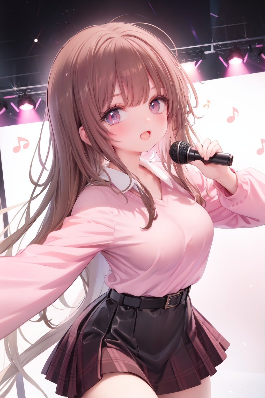  1girl, solo, microphone, smile, skirt, blush, brown eyes, long hair, open mouth, looking at viewer, brown hair, long sleeves, :d, shirt, bangs, belt, breasts, pink shirt, outstretched arm, music, black belt, medium breasts, holding microphone, singing