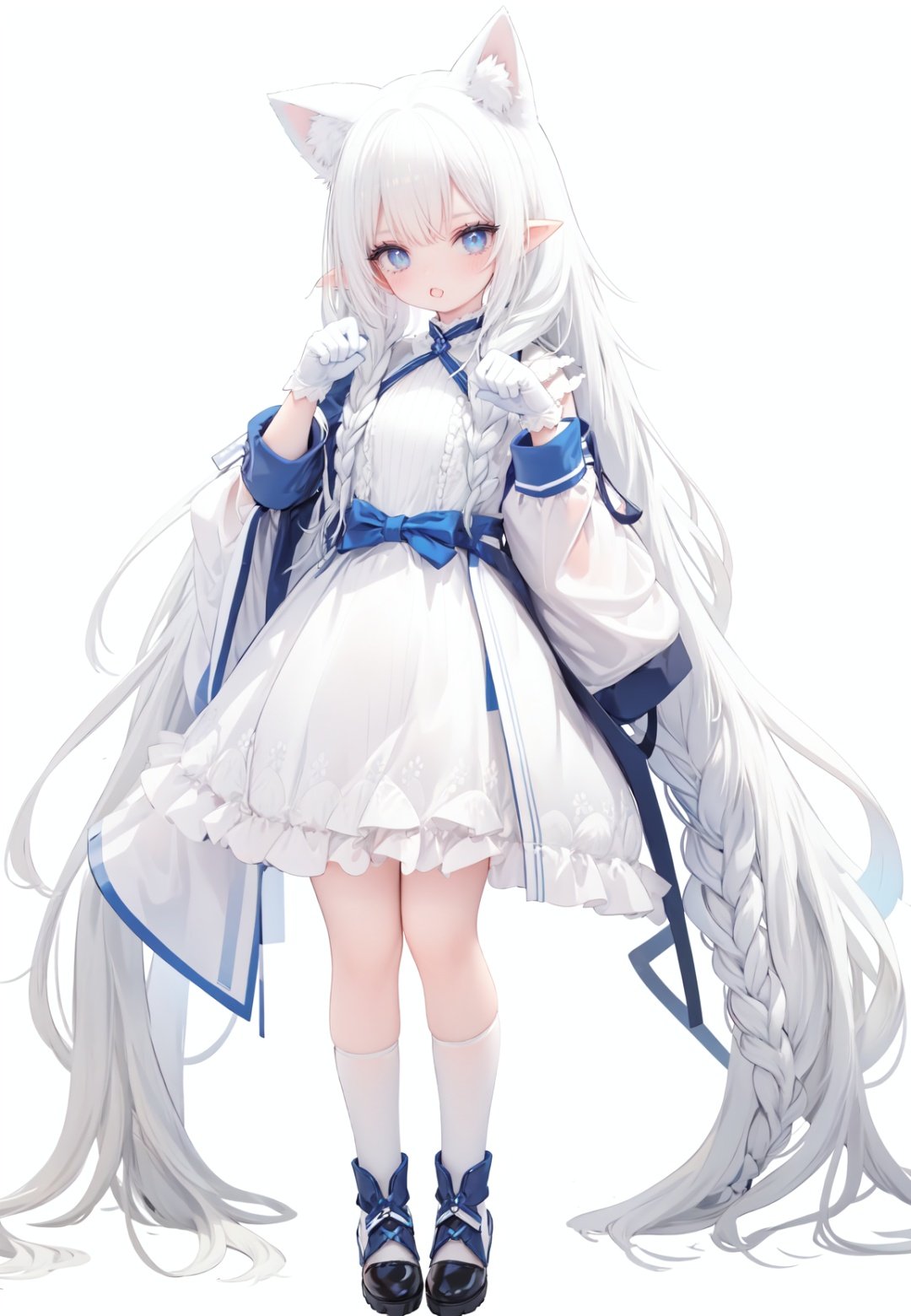  1girl, white_gloves, braid, full_body, gloves, long_hair, official_alternate_costume, pointy_ears, simple_background, solo, standing, very_long_hair, white_background, white hair, blue eyes, paw claw pose, open_mouth