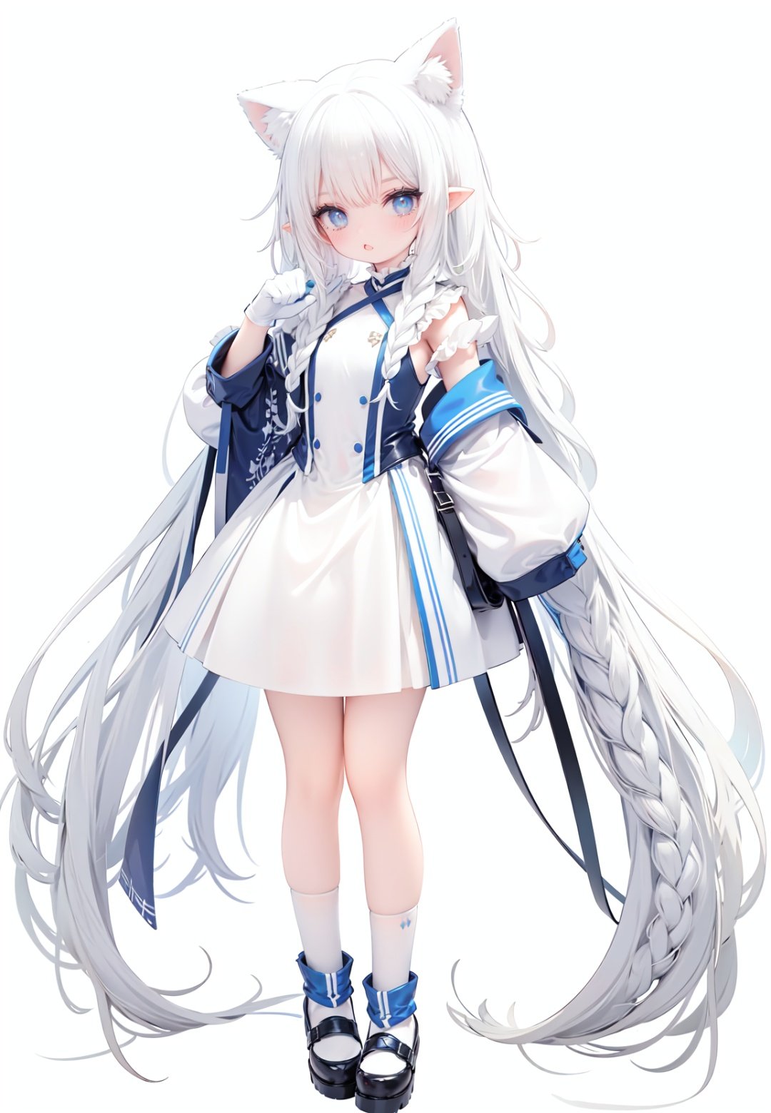  1girl, white_gloves, braid, full_body, gloves, long_hair, official_alternate_costume, pointy_ears, simple_background, solo, standing, very_long_hair, white_background, white hair, blue eyes, paw claw pose, open_mouth