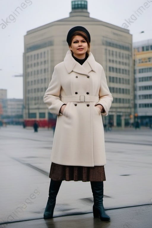 DDRFashion Woman wearing a heavy coat in Berlin near Alexanderplatz. Black boots, Cold War style. 