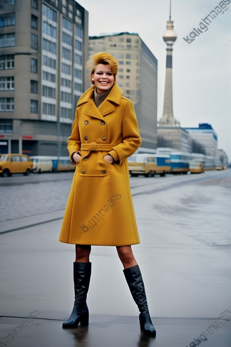 DDRFashion Woman smiling and wearing a heavy mustard coat in Berlin near Alexanderplatz. Black boots, Cold War style. Burda magazine cover. Fashion 1980s.