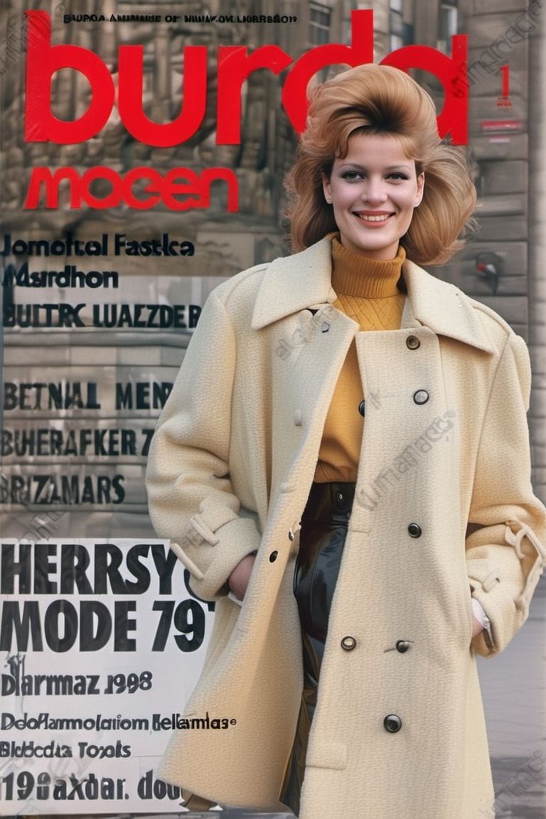 DDRFashion Woman smiling and wearing a heavy mustard coat in Berlin near Alexanderplatz. Black boots, Cold War style. Burda magazine cover. Fashion 1980s.