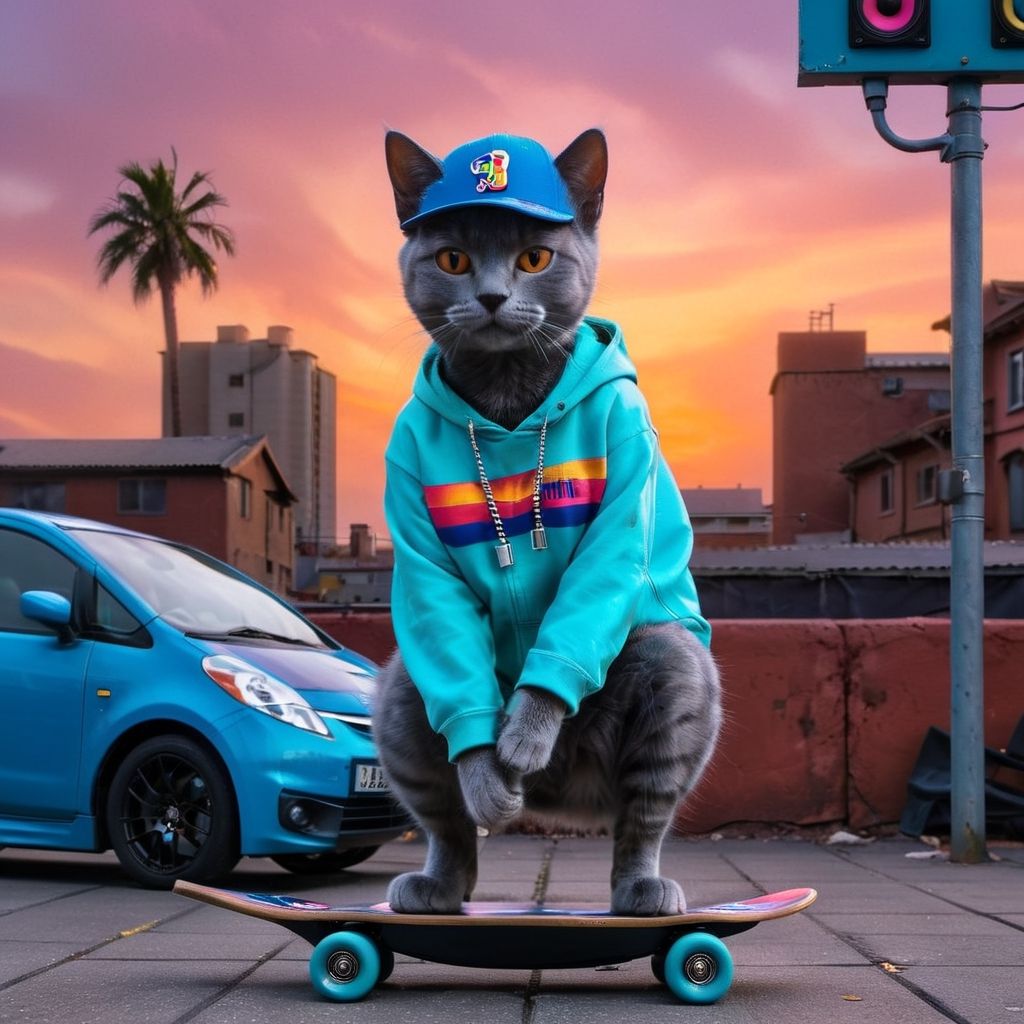 Cyberpunk style, a russian blue cat as billie eilish standing on a skateboard, wearing a backwards baseball cap and holding a boombox on its shoulder, confident expression, perfectly detailed skin, graffiti-style background, playful mood, intricate details, masterpiece, wide-angle, 8K, octane render, ray tracing  