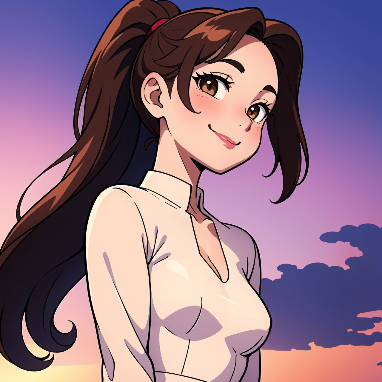 masterpiece, best quality, 1girl, , solo, , fashi-girl, , mature girl, , , cute, sweet, , long brown hair, , ponytail hair, , , brown eyes, , closed mouth, , red lips, , , face brushed by the wind, , , white dress, , medium breasts, (sunset background), Masterpiece, girl smile,