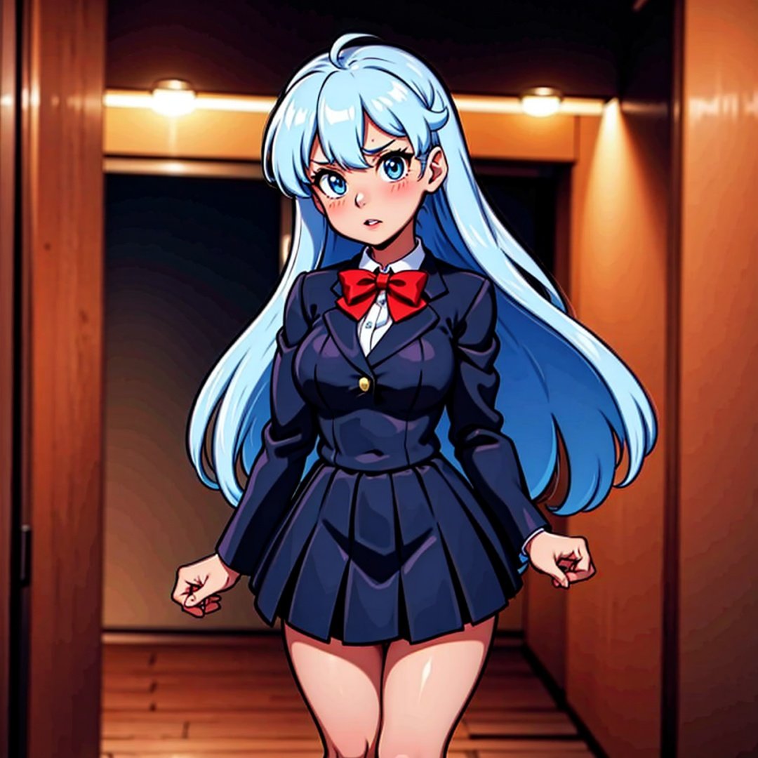 Arya, 1girl, solo, long hair, blue eyes, ahoge, bow, looking at viewer, red bow, jacket, bowtie, long sleeves, breasts, shirt, open jacket, red bowtie, door, cowboy shot, collared shirt, indoors, school uniform, white hair, standing, open clothes, skirt, bangs, dress, grey jacket, black dress, blush, pleated skirt, parted lips, medium breasts, pleated dress, white shirt, hair between eyes, white jacket, hand up, blazer, black skirt, thighs, open door, hallway,girl,ANIME,cartoon