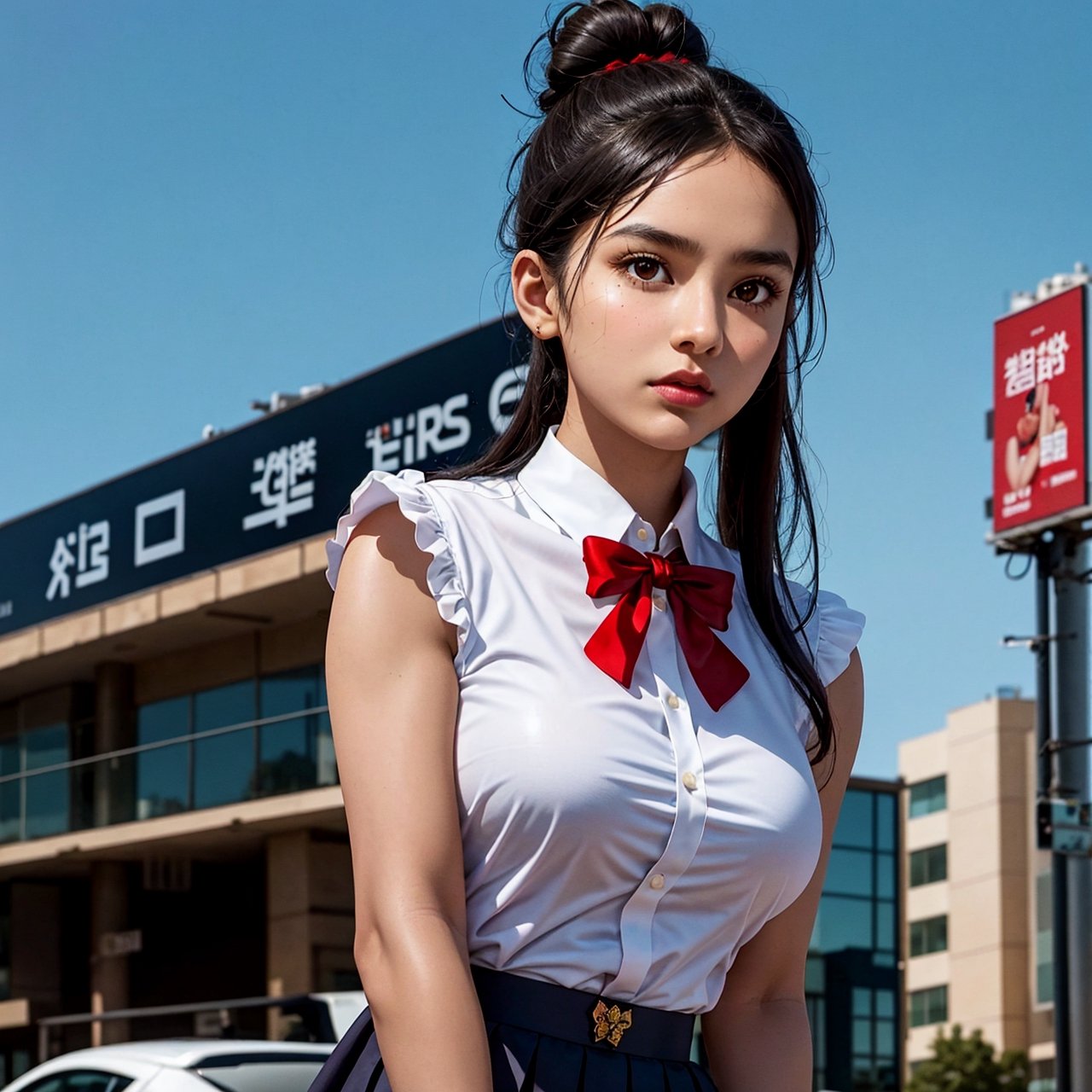 Brown-black hair, black eyes, fair skin, goose egg face, atmospheric facial features, tall, confident and powerful, toned and plump, high school girls, school uniform, coiled hair, hair bun, with hairpin, red rose, blue butterfly, white rabbit, billboard, official quality, mysterious, light and shadow, correct proportions, aesthetics, atmosphere,