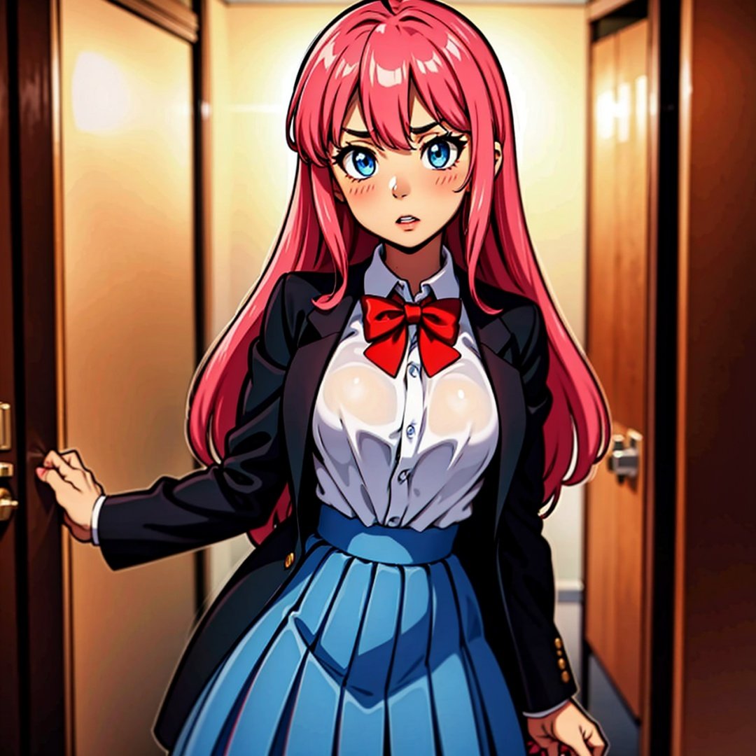 Arya, 1girl, solo, long hair, blue eyes, ahoge, bow, looking at viewer, red bow, jacket, bowtie, long sleeves, breasts, shirt, open jacket, red bowtie, door, cowboy shot, collared shirt, indoors, school uniform, white hair, standing, open clothes, skirt, bangs, dress, grey jacket, black dress, blush, pleated skirt, parted lips, medium breasts, pleated dress, white shirt, hair between eyes, white jacket, hand up, blazer, black skirt, thighs, open door, hallway,girl,ANIME,cartoon