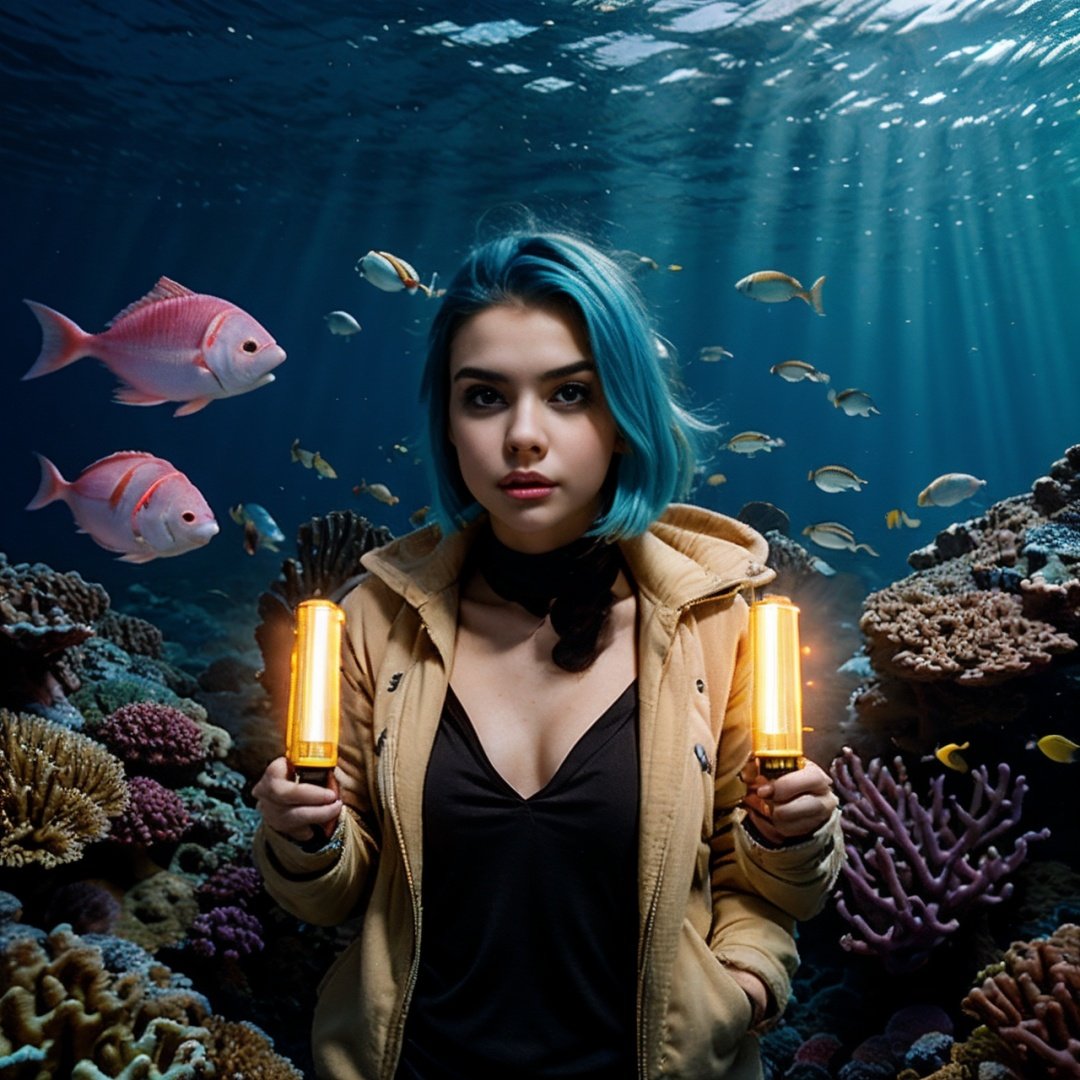 8K, 1girl, high color, gorgeous, (fractal art 1.8), pout, youth, blue hair, deep under the sea, gorgeous, dynamic, visual impact, hands in pockets, (waves on the lens 1.5)