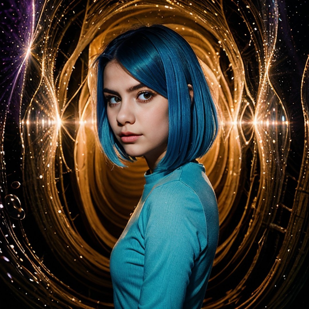 8K, 1girl, high color, gorgeous, (fractal art 1.8), pout, youth, blue hair, deep under the sea, gorgeous, dynamic, visual impact, hands in pockets, (waves on the lens 1.5)