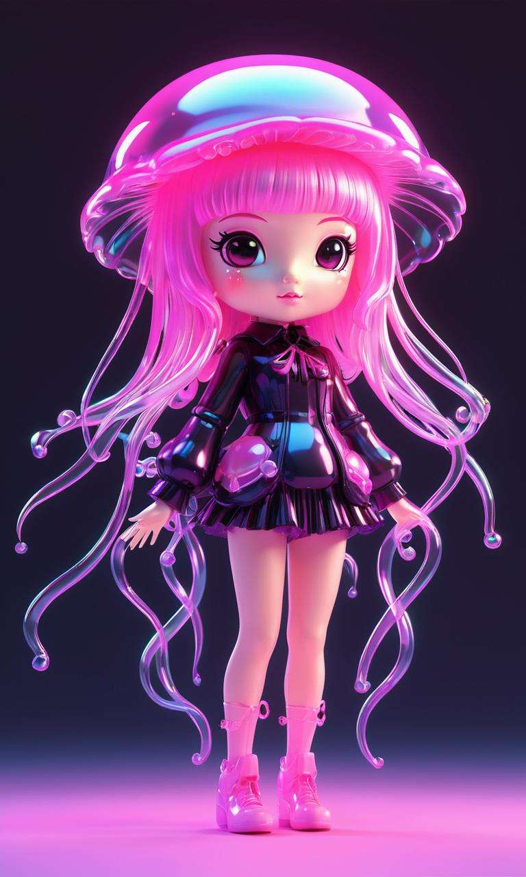 holographic,3D toy jellyfish girl,jellyfish,chibi,translucent,kawaii,Bauhaus,pink amd black,chinese style,awesome lighting,3D,digital art,super detail,no borderline,C4D,octane rendering,Blender,HD,full body,<lora:Holography:0.6>,