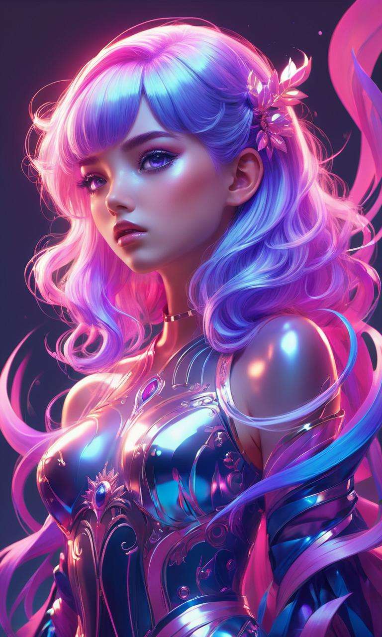 An anime design of a girl named Luna,pink purple blue hair,holographic,intricate,elegant,highly detailed,digital painting,artstation,concept art,smooth,sharp focus,illustration,art by artgerm and greg rutkowski and alphonse mucha,<lora:Holography:0.8>,