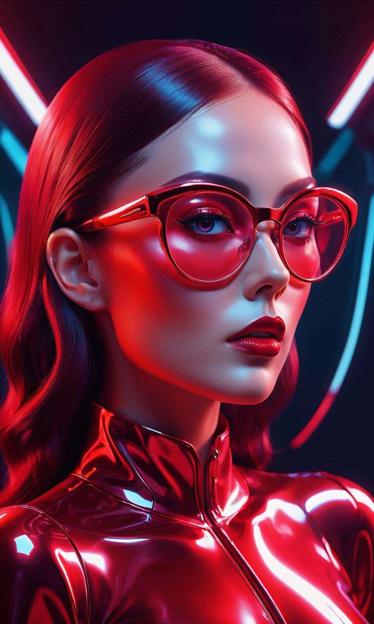 A woman in a red outfit wearing a  eyeglasses,in the style of futuristic art,smooth and shiny,shiny/ glossy,precise and lifelike,bold contrasts,iconic imagery,glossy finish,holographic,<lora:Holography:0.6>,