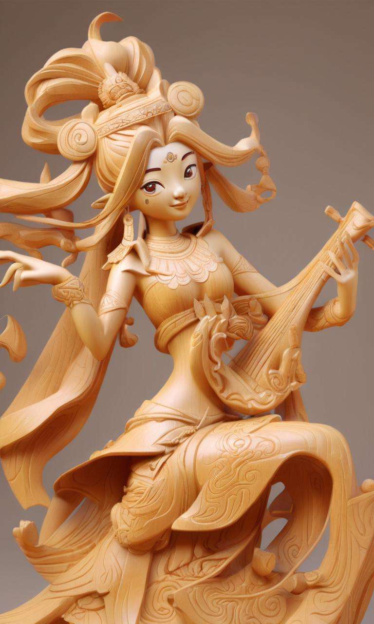 A Dunhuang apsaras carved with Oak,smooth surface,(full_body),rimming light,light brown background,playful illustrations,playful,dreamy imagery,Chinese style,extremely detailed,artstation,8k,soft lighting,soft contrast,incredible art,wlop,artgerm,<lora:woodcarving:0.6>,