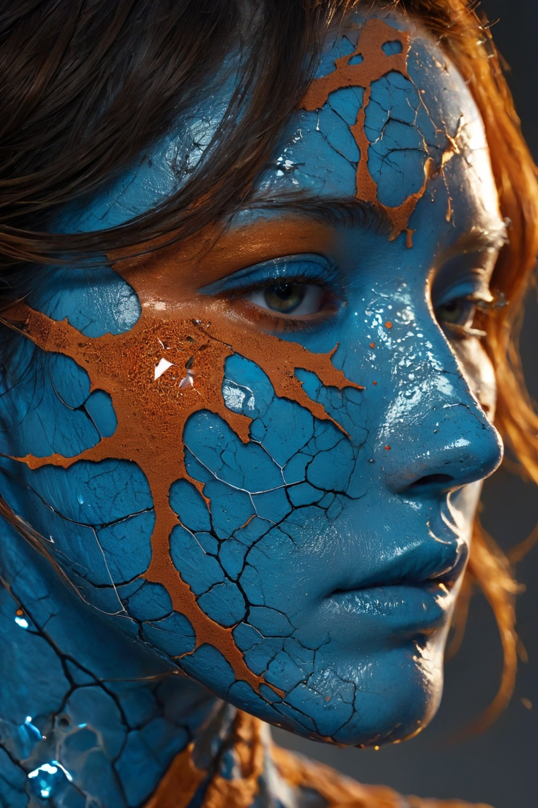 xxmixgirl, a close up of a person's face on a cracked surface, inspired by Alberto Seveso, featured on zbrush central, orange fire/blue ice duality!, portrait of an android, fractal human silhouette, red realistic 3 d render, blue and orange, subject made of cracked clay, woman, made of lava