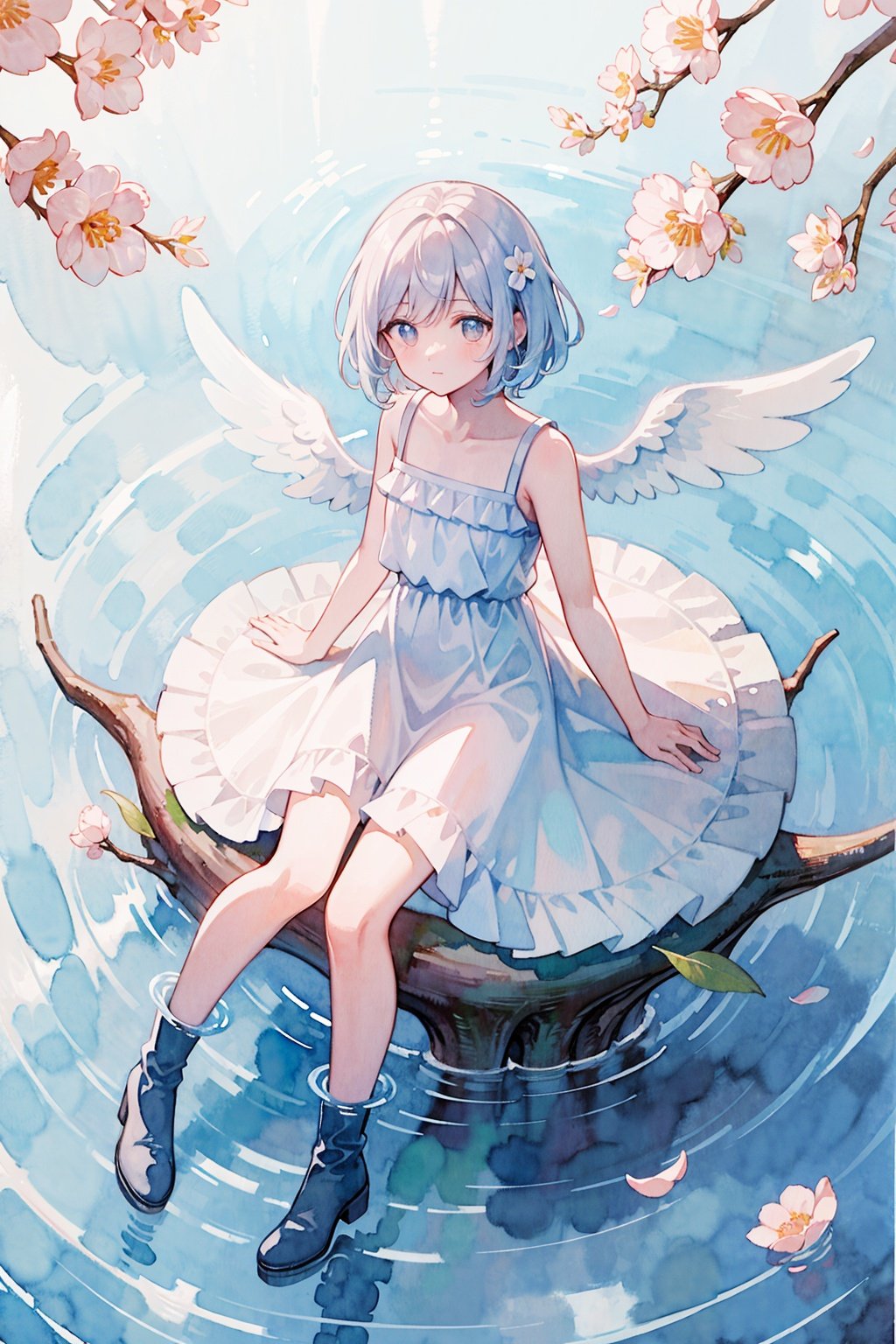 <lora:水彩_v1:1> watercolor, white background, minimalism, a cute little angel sitting on a branch, blossom, above water, long dress, ankle boots, two wings, lovely, sweet atmosphere, soft color rendering, water reflection, flying petals,