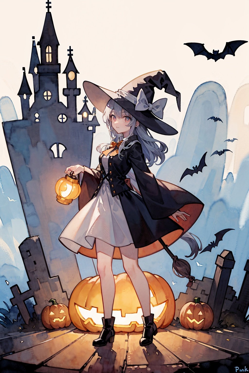 <lora:水彩_v1:1> watercolor, white background, minimalism, holloween party,  a girl wearing witch costume, big witch hat, holding, holding a pumkin lantern, happy, cheerful atmosphere, lantern lights, bat, castle,