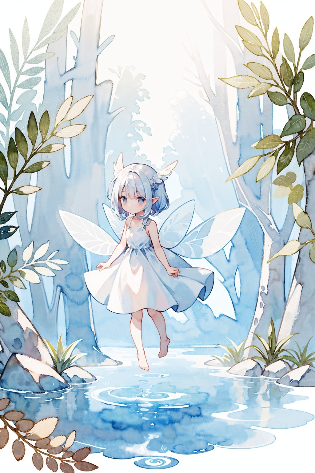 <lora:水彩_v1:1> watercolor, white background, minimalism, a cute little fairy, chibi, pointed ears, beautiful wings, flying in the woods, plants, flowers, trees, long dress,