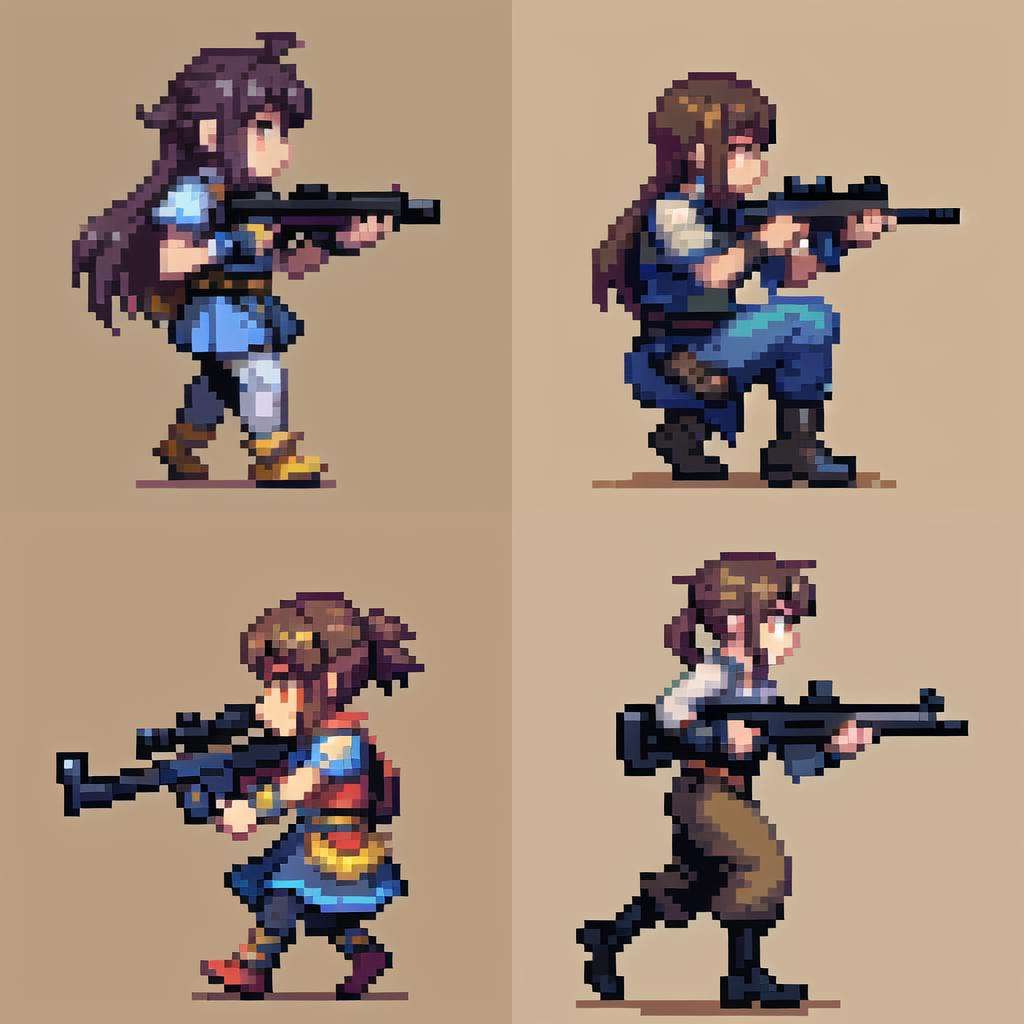 ((Side view)),pixel,pixel art,pixelart,xiangsu,xiang su,8bit,16bit,1girl,Raise the pistol to aim,full body,Solid background<lora:pixel (11):1>, masterpiece,best,quality