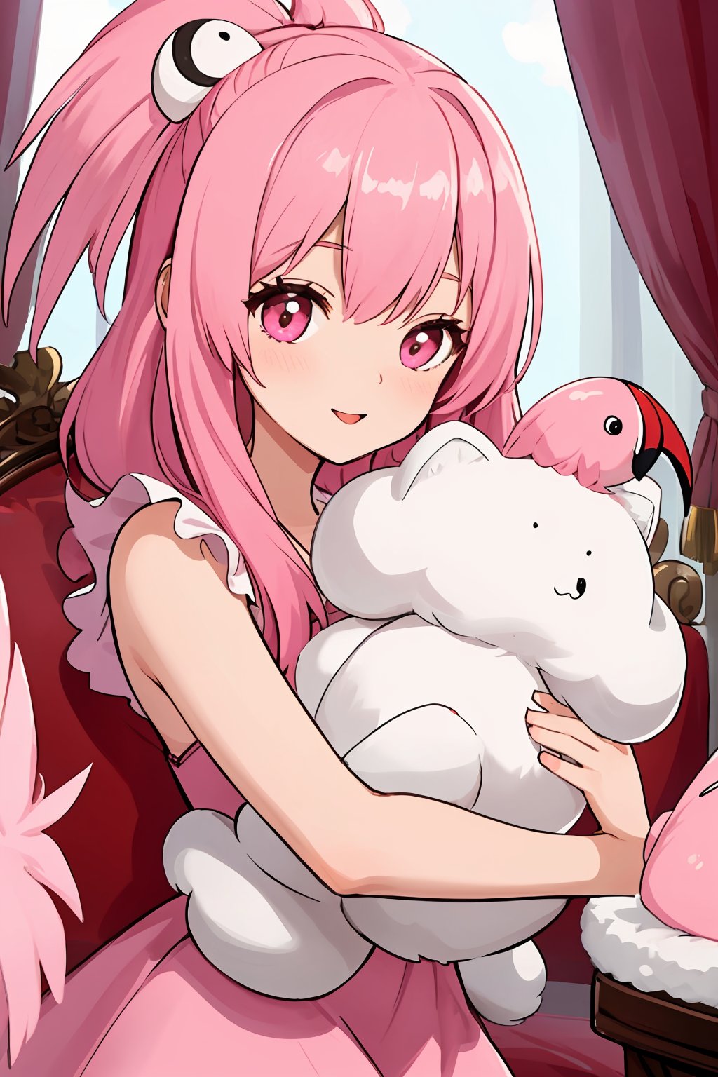 (best quality:1.2), (hyper detailed), 

Rosie is often accompanied by her energetic and affectionate pet flamingo named Fluff. Fluff's pink feathers perfectly match Rosie's theme, and they share a special bond, bringing even more charm to her character.