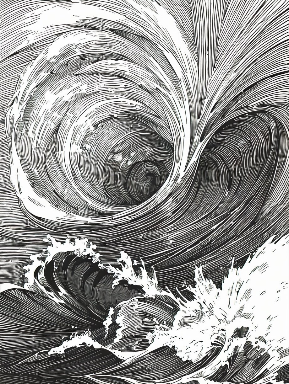 (((best quality,masterpiece,fine detailed,))),<lora:CJ BWD:0.8>,line,black and white painting,black and white line drawing,smooth lines,monochrome,tornado,a girl,long hair,black and white painting,mono,marine background,huge waves,spray,dynamic,beach,the violent spray,waves crashing against stones,huge stone,stone by the sea,, (best quality, high quality, masterpiece,),