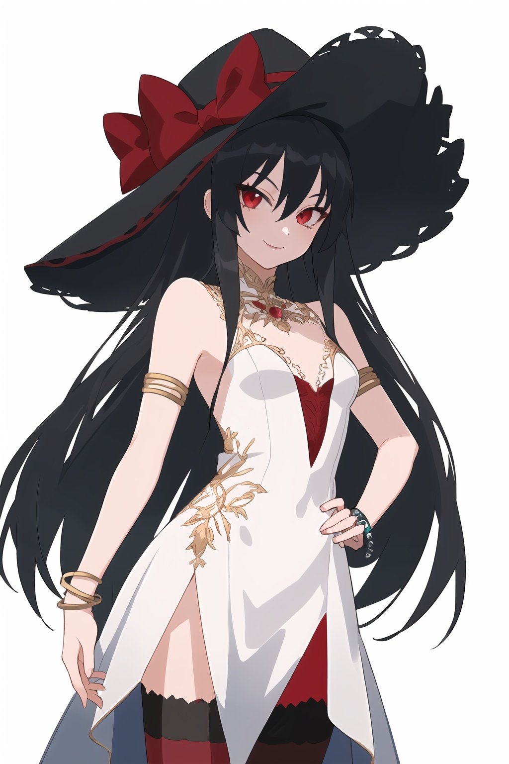 (cowboy_shot:1.2),absurdres,(1 girl),(solo),(shiny skin:1.1),illustration,disheveled hair,(beautiful detailed face),(beautiful detailed hair),(beautiful detailed eyes),whole body,right human structure,black hair,long hair,red eyes,(black legwear:1.2),(white_background:1.3),(vampire:1.2),hat bow,smile,(evening_gown:1.2),(tsurime:1.4),(bracelet:1.3),