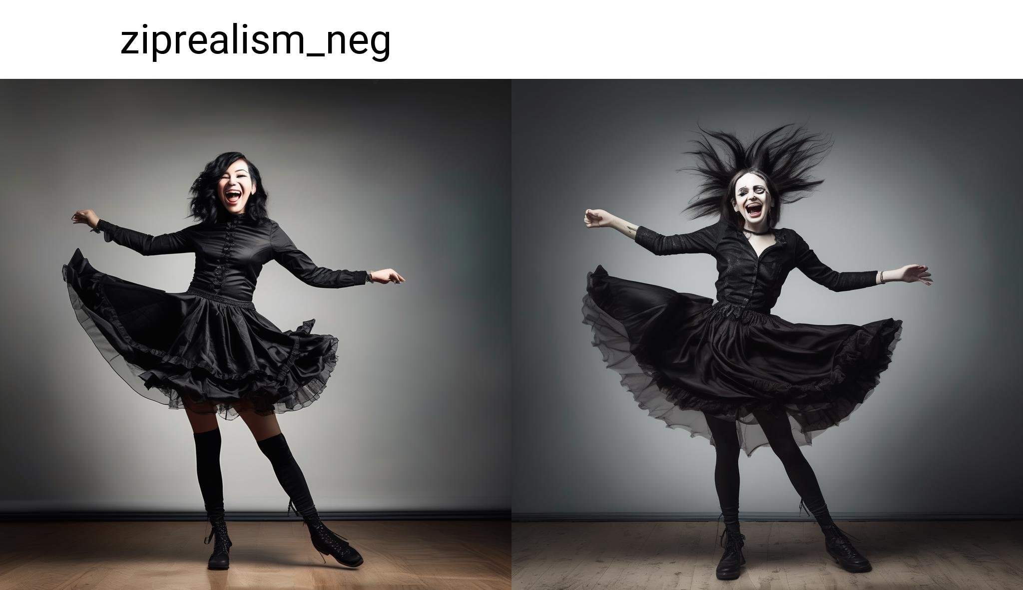 full body of a laughing Gothic girl dancing, open eyes, looking at viewer 