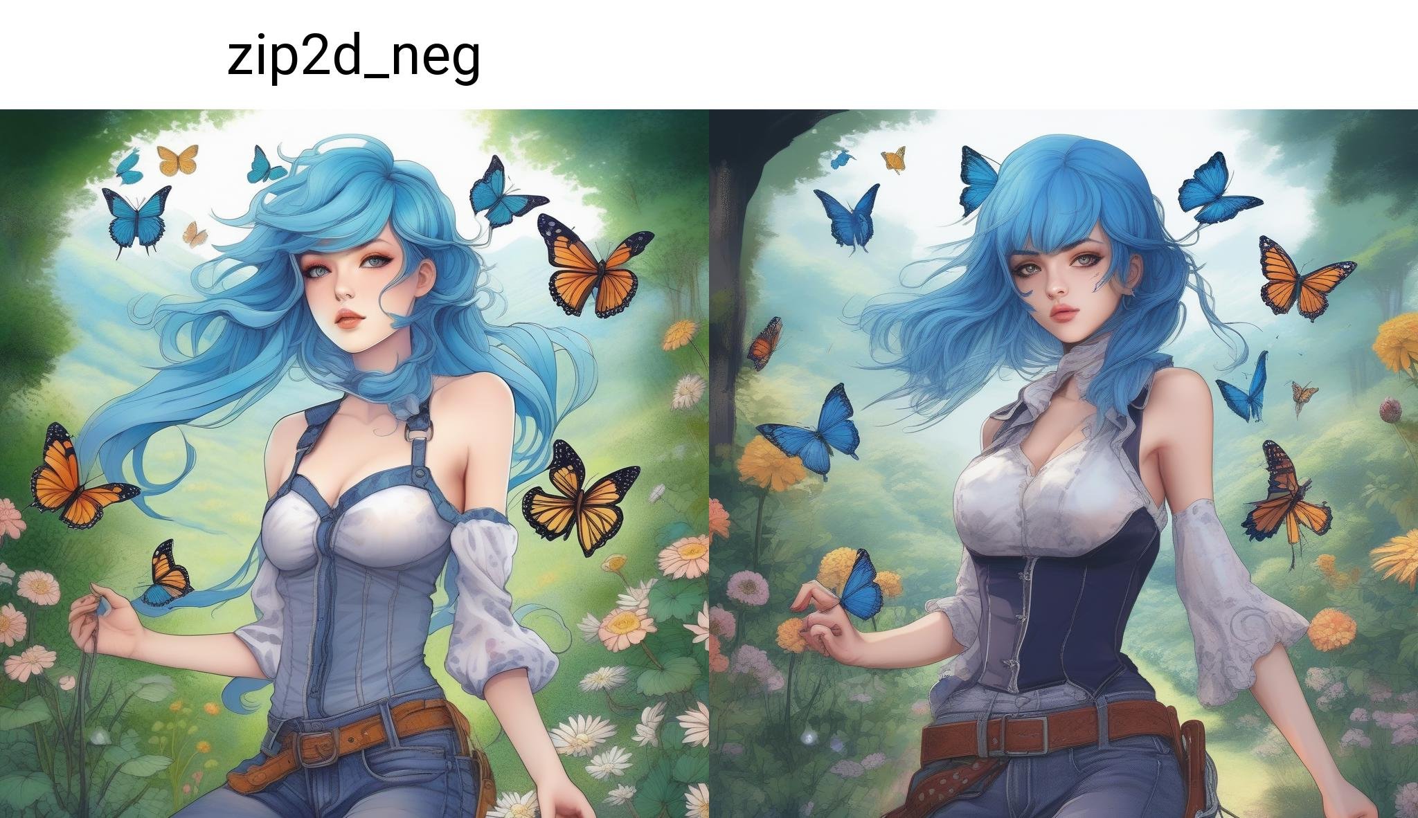 anime, drawing, 2d, beautiful woman, arcane, blue hair, sexy, beautiful, chasing butterflies in a garden, cowboy shot