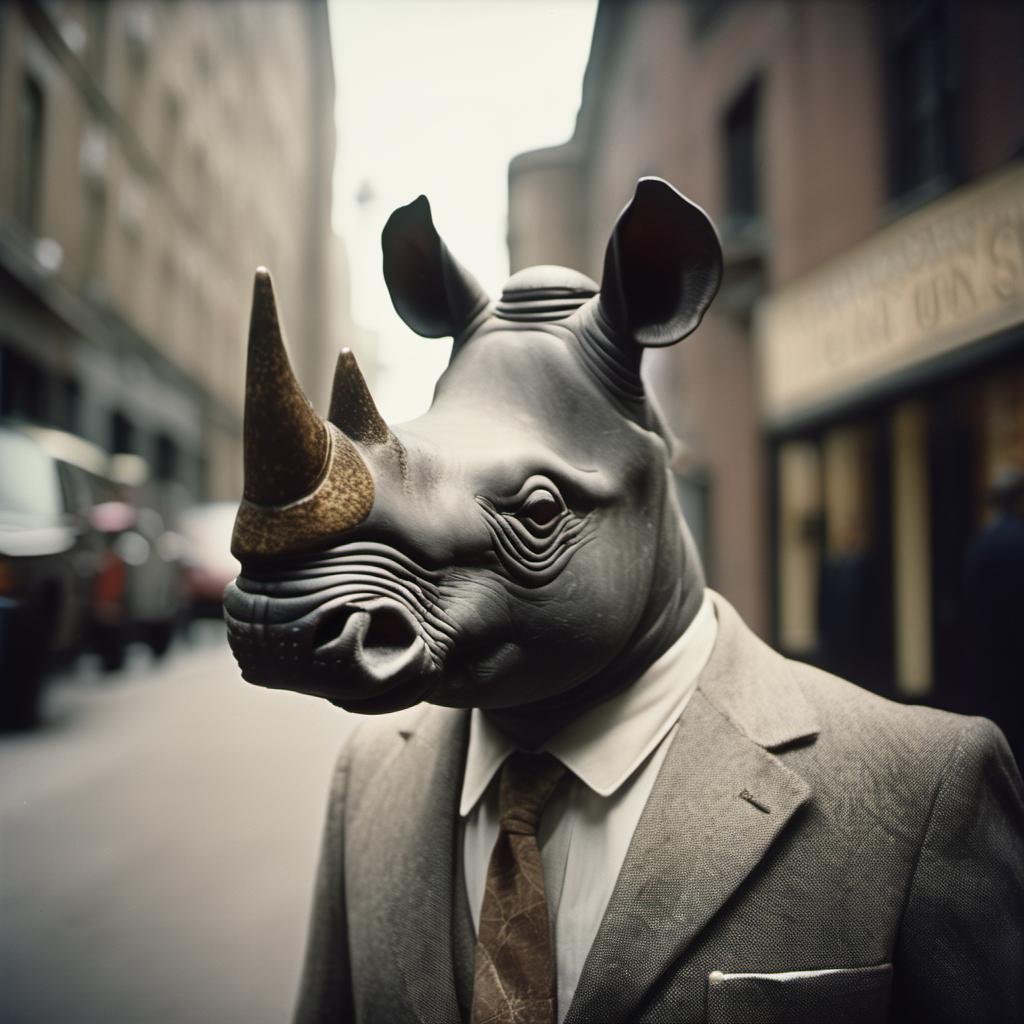 a rhino dressed suit and tie headshot, in the street, sk_analogfilm, looking at viewer