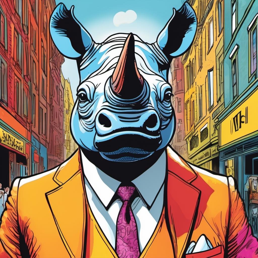 a rhino dressed suit and tie , headshot, in the street, sk_comic , looking at viewer