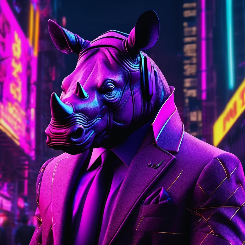 a rhino dressed suit and tie , headshot, in the street, sk_cyberpunk , looking at viewer