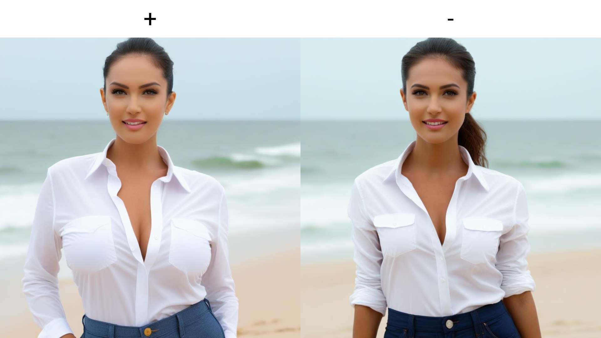 ziprealism, upper body, hands on hips, woman, white shirt, looking at viewer, beach, looking at viewer, front photo<lora:breasts_slider_v2_000000035:+6>