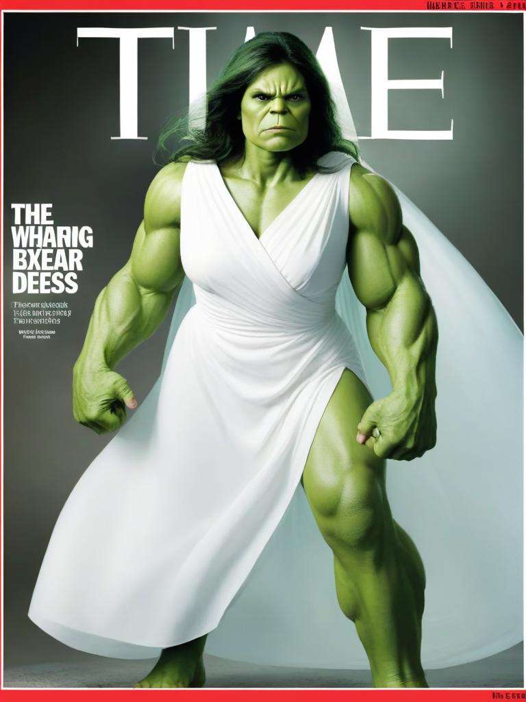 time magazine, a female hulk wearing white dress <lora:time_xl:1>