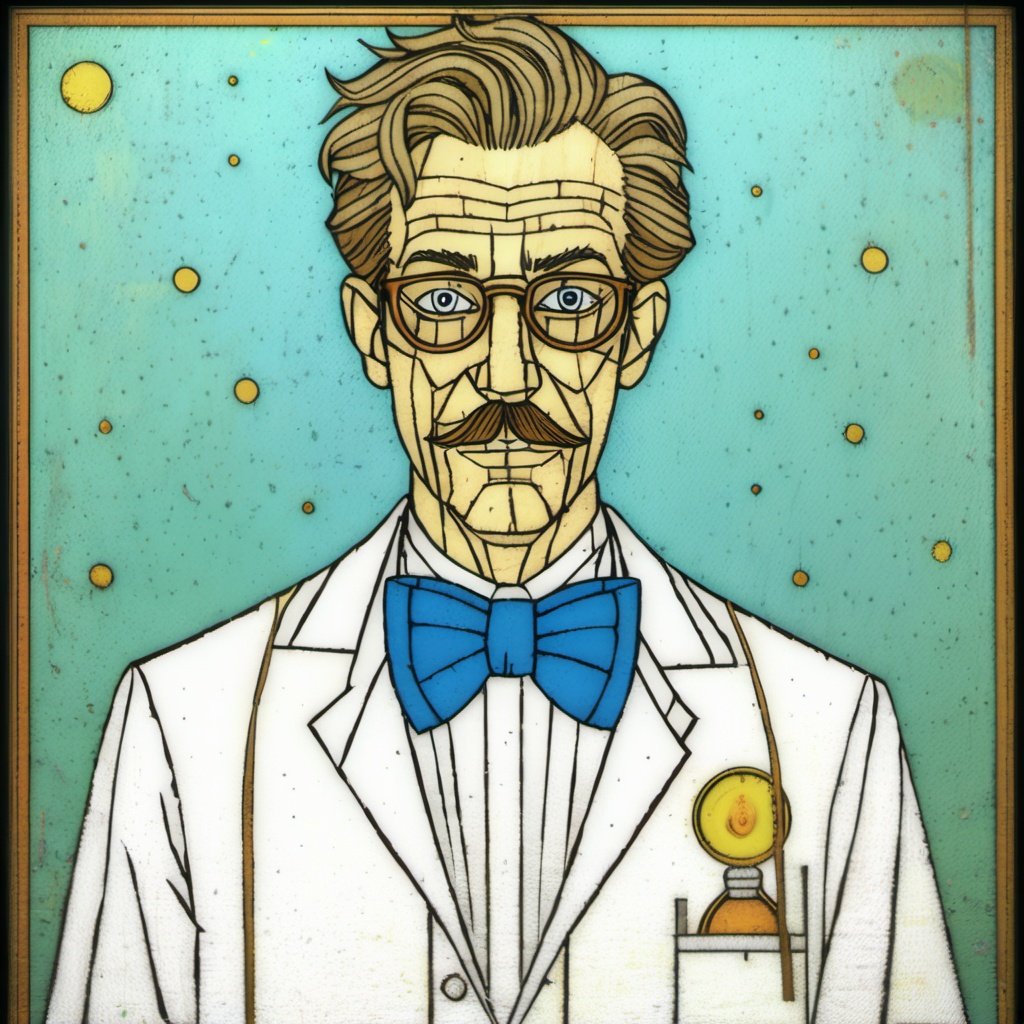 rivghn style portrait of a mad scientist wearing a polkadot bowtie and blue lab coat