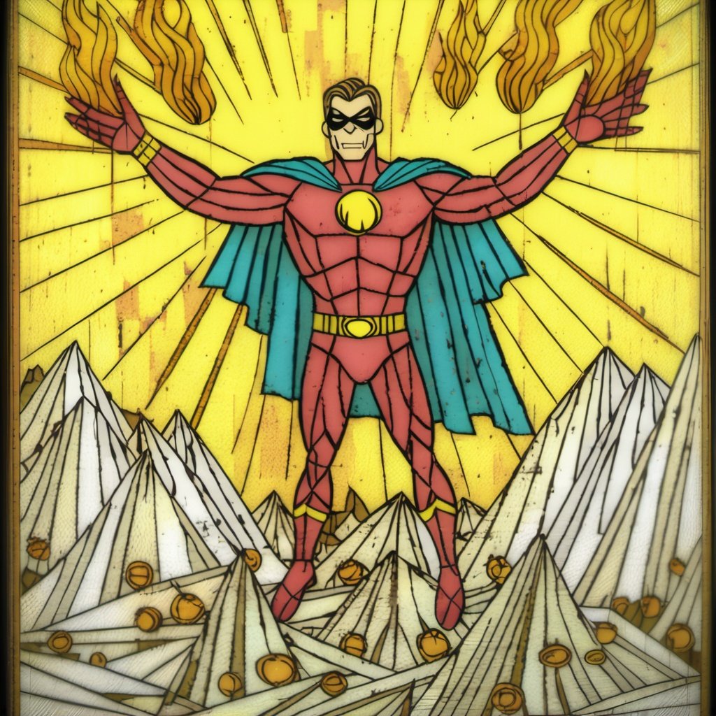 rivghn style raspberry superhero standing atop firey rubble