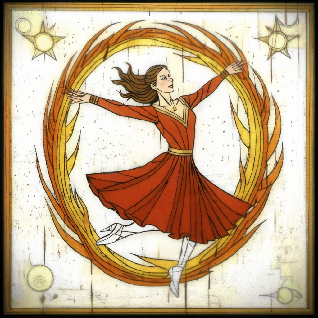 rivghn style olympic ice skater in a red dress doing a spinning jump through a ring of fire