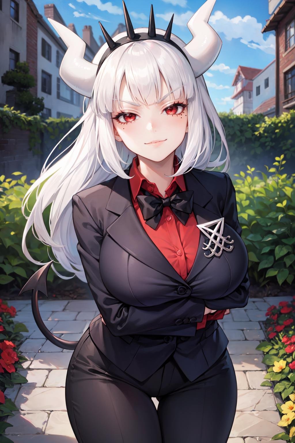 (masterpiece, best quality, glowing light, ultra detailed, detailed background, complex background), (perfect face, detailed face), (mature female, milf:1.3), red eyes, half-closed eyes, smirk, smug  <lora:lucifer:1>, lucifer, horns, demon girl, demon horns, mole, mole under eye, white horns, tail, shirt, demon tail, long hair, red shirt, large breasts, blunt bangs, collared shirt, gloves, formal(outdoors, garden, thighs, suit, bowtie, pants, demon tail,  )