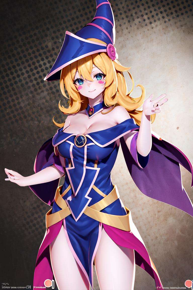 ((masterpiece,best quality)), absurdres, <lora:dark_magician_girl_v1:0.6>, hmdmg1, wizard hat, blush, blush stickers, cleavage, bare shoulders, dress, off shoulder, solo, smiling, looking at viewer, cowboy shot, cinematic composition, dynamic pose