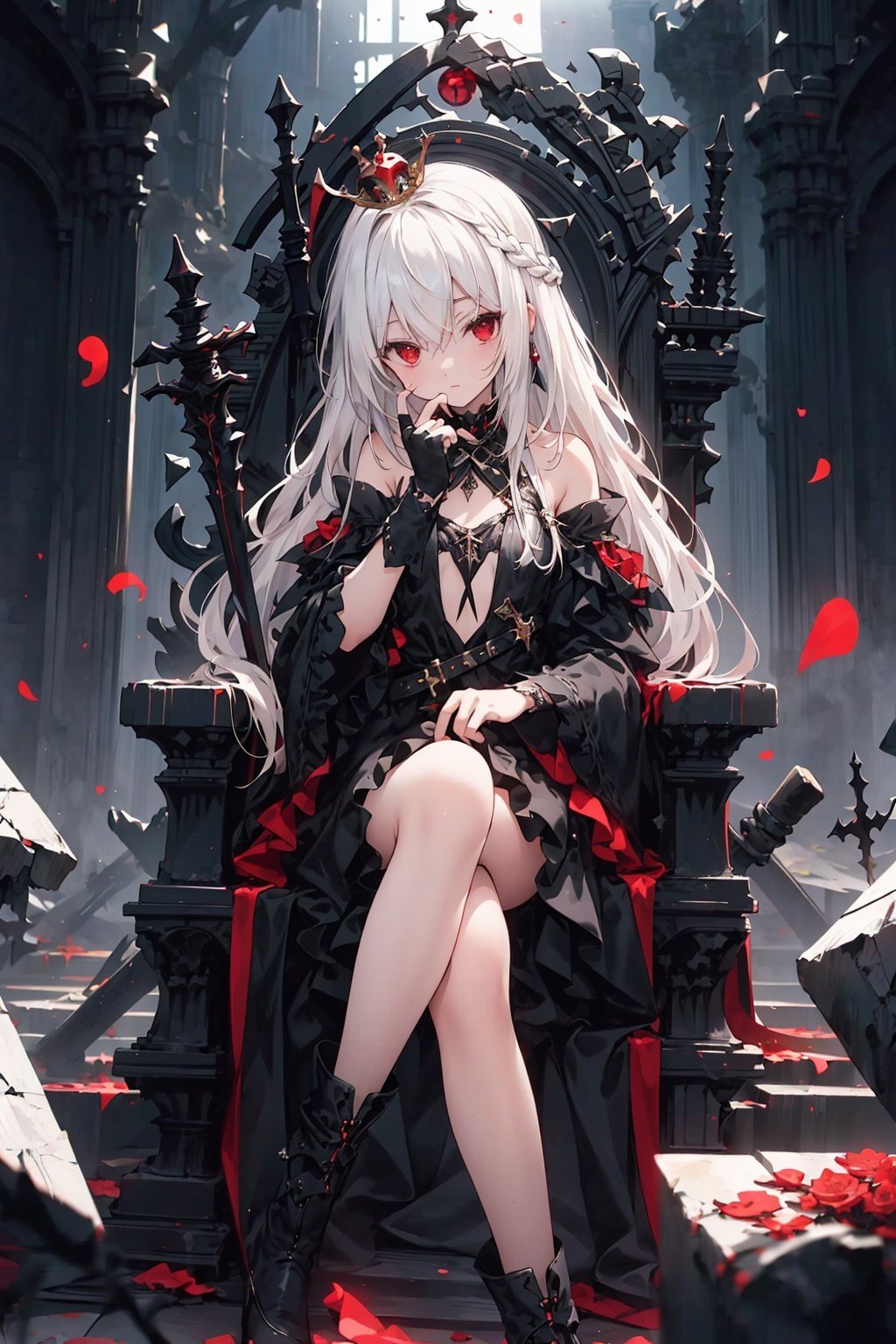  (((masterpiece))), best quality, illustration, (white hair, red eyes), a girl, solo, bare shoulders, flat chest, white hair, red eyes, very long white hair, floating black feathers, wavy hair, black and white sleeves, gold and silver fringes, a blackhole behind the girl, a silver triple crown inlaid with obsidian, (sitting) on the black ((throne)), (depth) of (field).