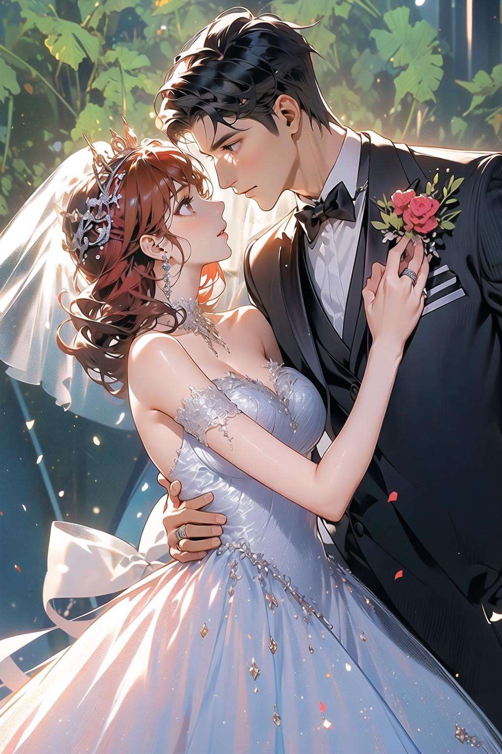 (masterpiece:1.2),(masterpiece, top quality, best quality),highres,original,dynamic pose,1girl, 1boy, dress, veil, wedding dress, black hair, bow, long hair, hetero, tiara, jewelry, black pants, bowtie, formal, white dress, pants, ring, standing, wedding, outdoors, suit, tuxedo, couple, looking at another, bridal veil, bride, day, vest, black bowtie, black bow, groom, novel cover, pink hair, flower, brown eyes)<lora:hunli:0.6>