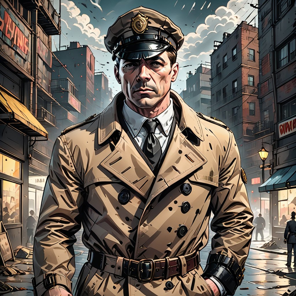 ((Imagine a classic comic book scene set in the noir streets of a 1940s city, with stark contrasts and bold ink lines bringing to life a detective in a trench coat solving a gritty mystery)), 

(no masks), masterpiece