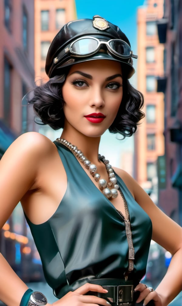 model woman, portrait of New York City in the 1920´s, prohibition, cyberpunk, pursuit, comic, chase, race
