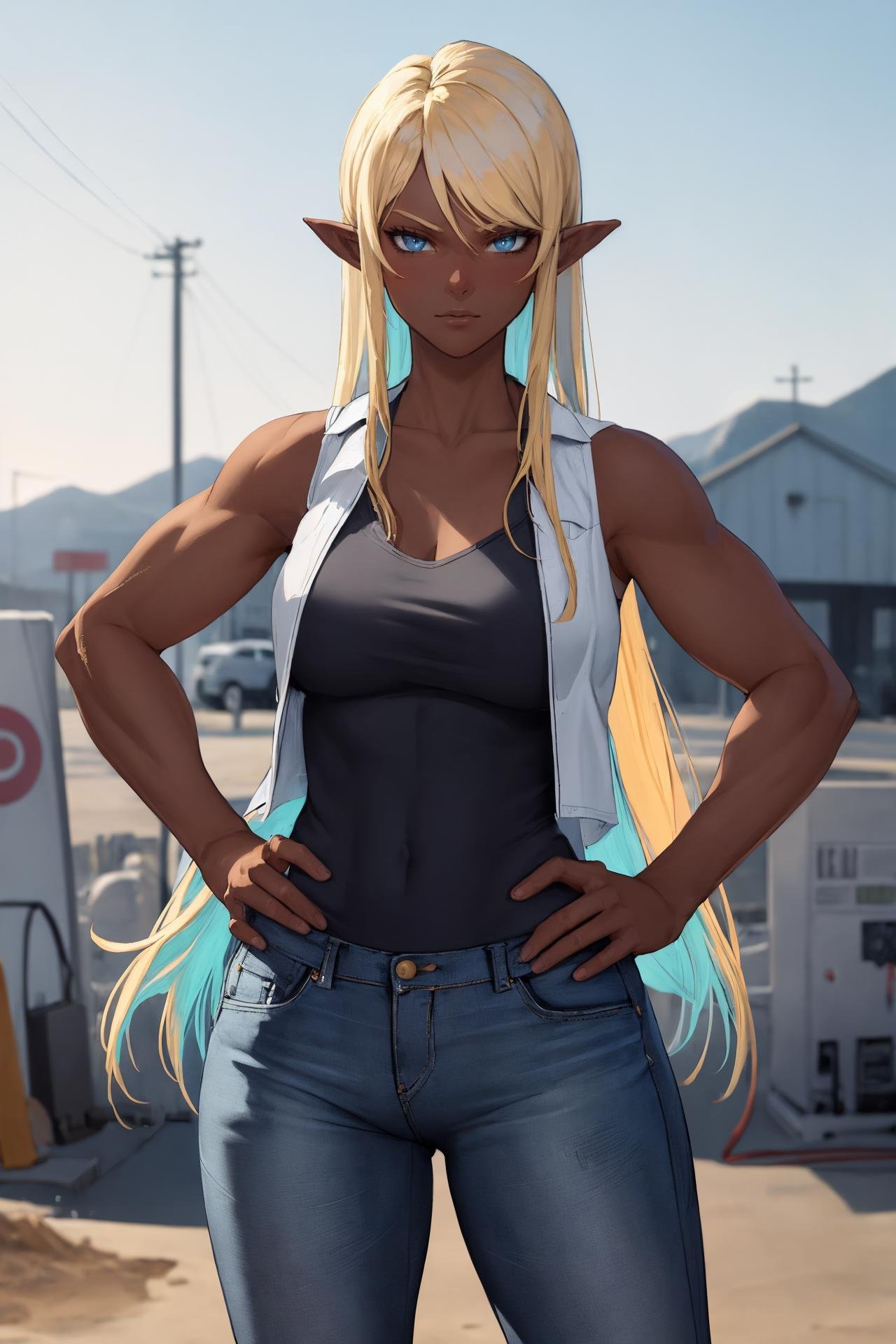 (masterpiece, best quality), outdoors, cowboy shot, 1girl, solo, <lora:HadairuKoseri_V1-Manityro-Dadapt:1.0>, looking at viewer, HadairuKoseri, pointy ears, blue eyes, blonde hair, long hair, dark-skinned female, muscular, (arm muscles), sleeveless jacket, hands on hips, desert, gas station, collarbone, open vest, white shirt, jeans,