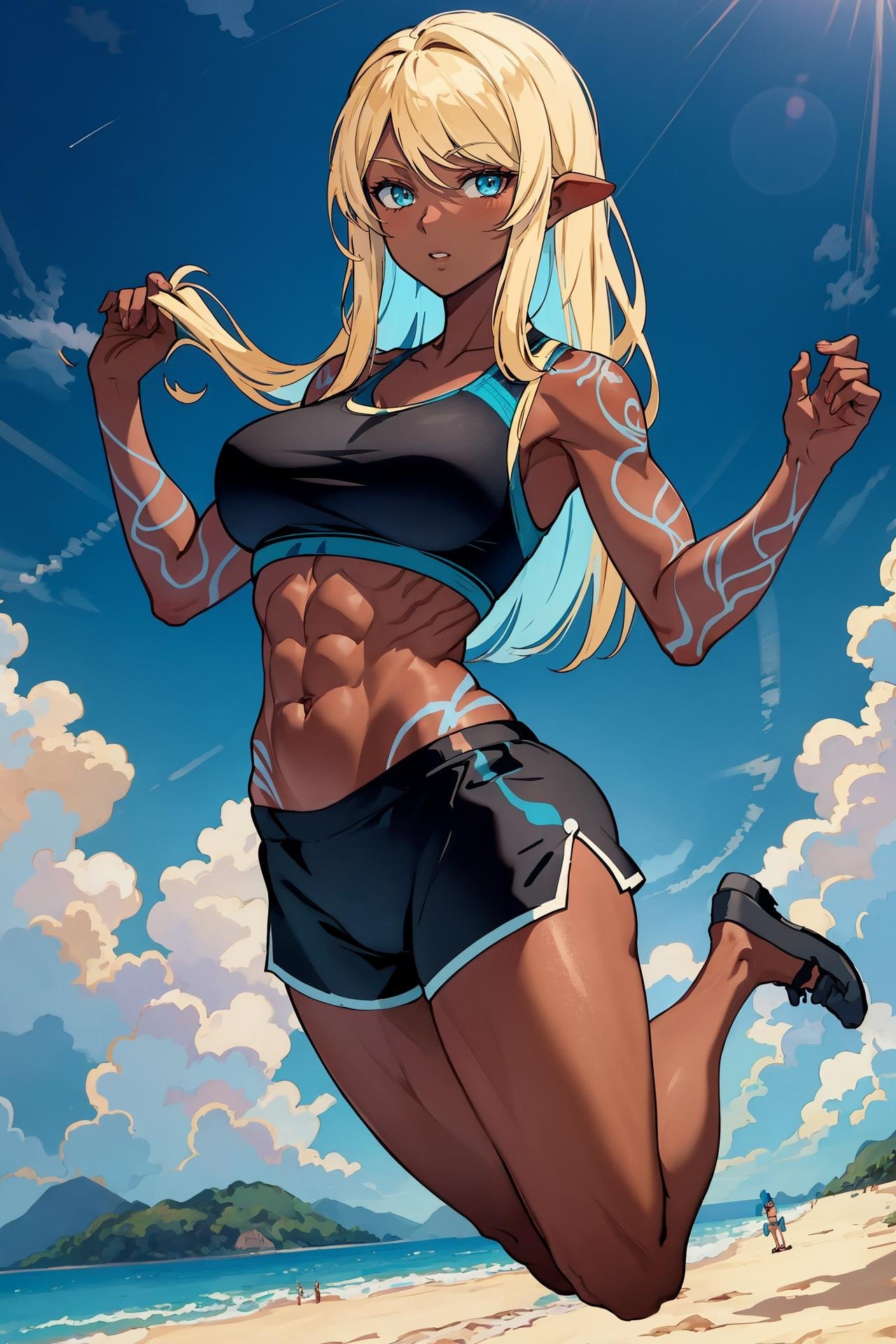 (masterpiece, best quality), outdoors, beach, 1girl, solo, <lora:HadairuKoseri_V1-Manityro-Dadapt:1.0>, looking at viewer, HadairuKoseri, blonde hair, dark-skinned female, sports bra, sports shorts, muscular, body tattoo, jumping