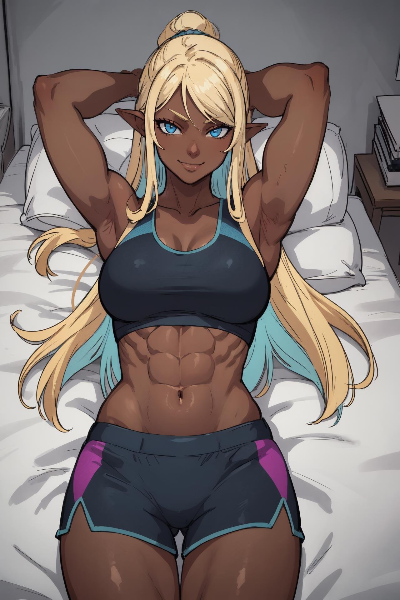 (masterpiece, best quality), indoors, cowboy shot, 1girl, solo, <lora:HadairuKoseri_V1-Manityro-Dadapt:1.0>, looking at viewer, HadairuKoseri, blue eyes, glowing eyes, blonde hair, dark-skinned female, muscular, sports bra, sports shorts, arms up, lying, bed, on bed, seductive smile