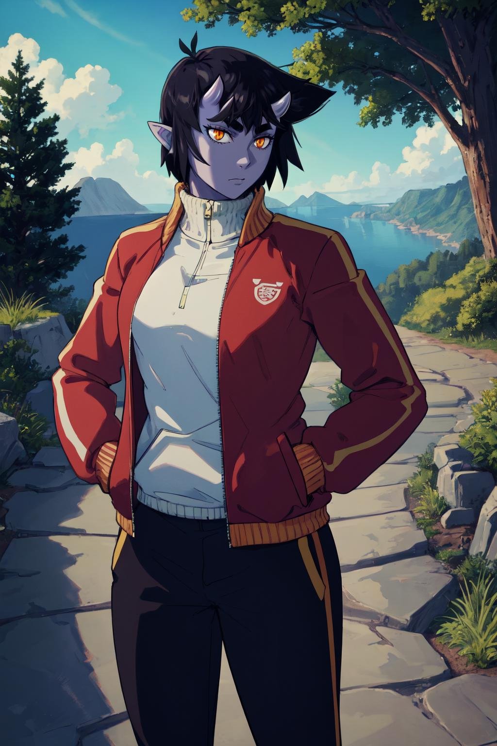 (masterpiece, best quality), outdoors, cliffside, stone path, tree, day, cowboy shot, 1girl, solo, UmeIttla, colored skin, orange eyes, slit pupils, oni horns, medium breasts, <lora:UmeIttla_V2-Manityro-dadapt:1>, ((toned, athletic body)), track jacket, hands in pockets, track pants