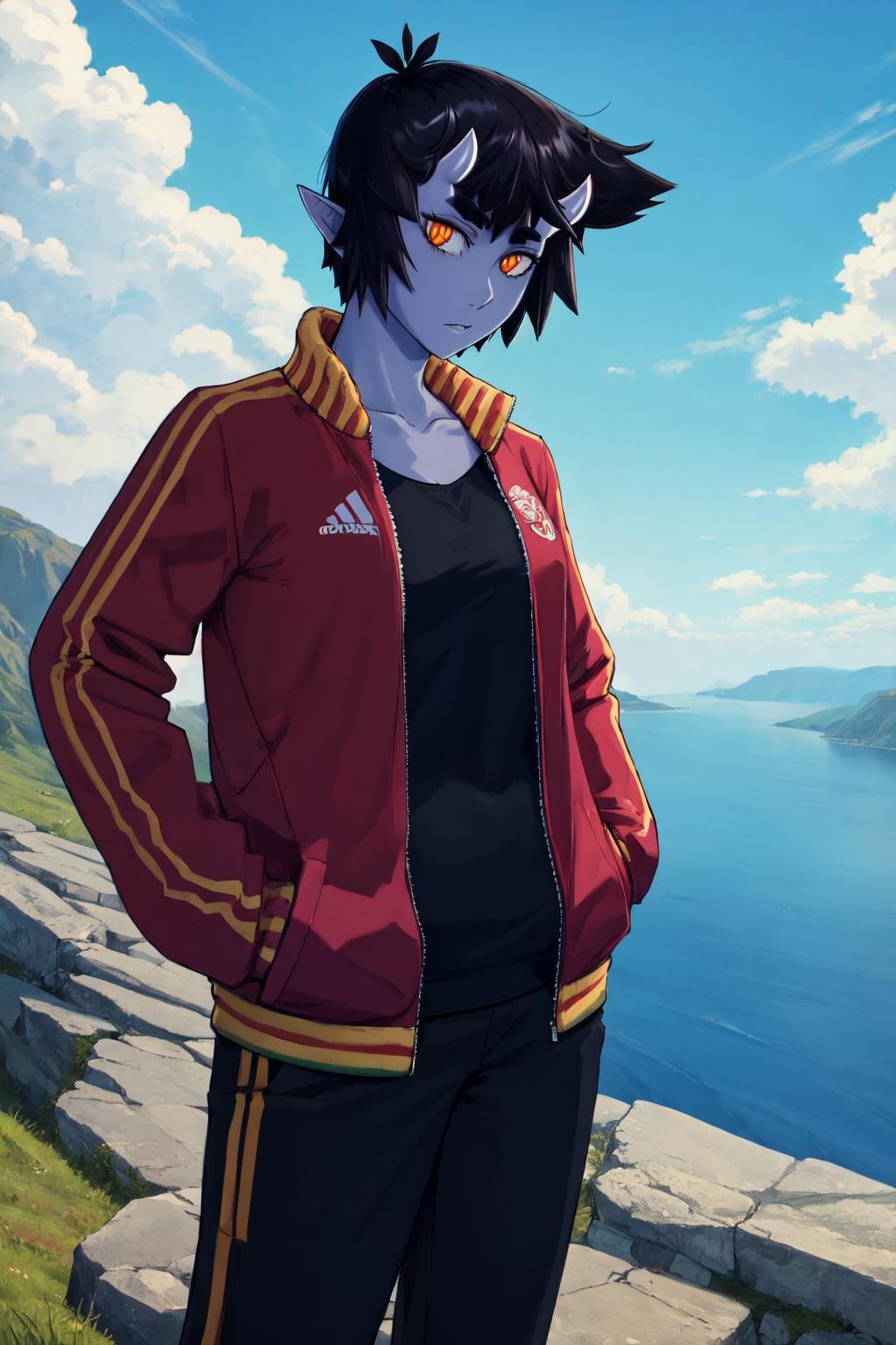 (masterpiece, best quality), outdoors, cliffside, 1girl, solo, UmeIttla, colored skin, orange eyes, slit pupils, oni horns, medium breasts, <lora:UmeIttla_V2-Manityro-dadapt:1>, looking at viewer, toned, collarbone, track jacket, pants, standing, hands in pockets, 