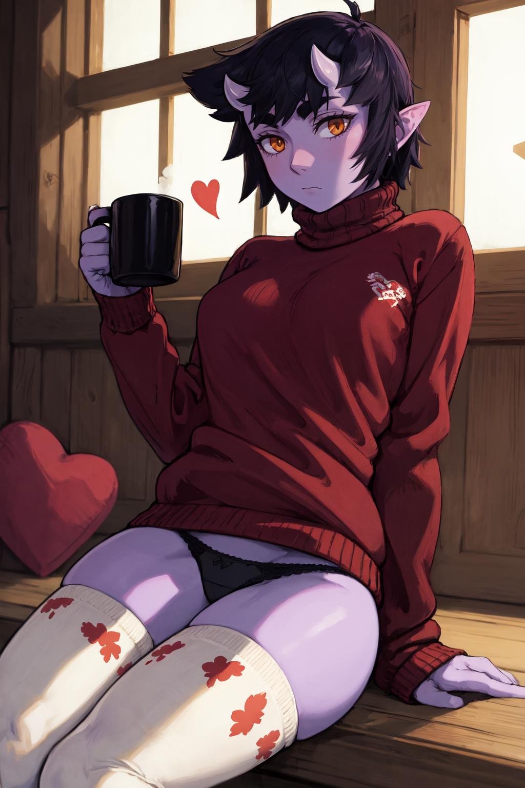 (masterpiece, best quality),  indoors, wooden cabin, window, winter, cowboy shot, 1girl, solo, UmeIttla, colored skin, orange eyes, oni horns, skin-covered horns, short hair, breasts, <lora:UmeIttla_V3-Manityro-dadapt:1>, expressionless, sitting on ledge, toned, red sweater, turtleneck sweater, ribbed sweater, heart print, black panties, white thighhighs, striped thighhighs, holding mug, thick thighs, 