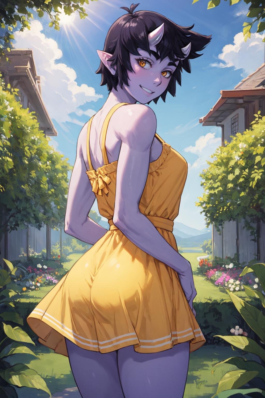 (masterpiece, best quality), outdoors, cowboy shot, 1girl, solo, UmeIttla, colored skin, orange eyes, oni horns, skin-covered horns, short hair, breasts, <lora:UmeIttla_V3-Manityro-dadapt:1>, looking at viewer, toned, biceps, from behind, yellow sundress, garden, day, sunshine, smile, looking back