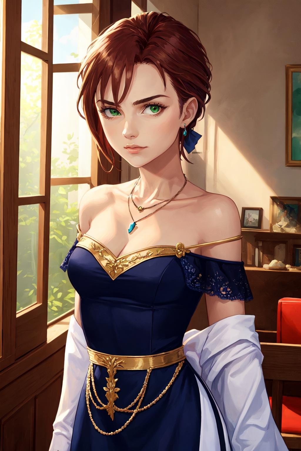 (masterpiece, best quality), indoors, portrait, sunbeam, 1girl, solo, KibaManamiManityro, green eyes, <lora:KibaManami_V1-Manityro-dadapt:1>, toned, looking at viewer, necklace, pendant, medium breasts, cleavage, blue dress, off-shoulder dress, frills, ribbon